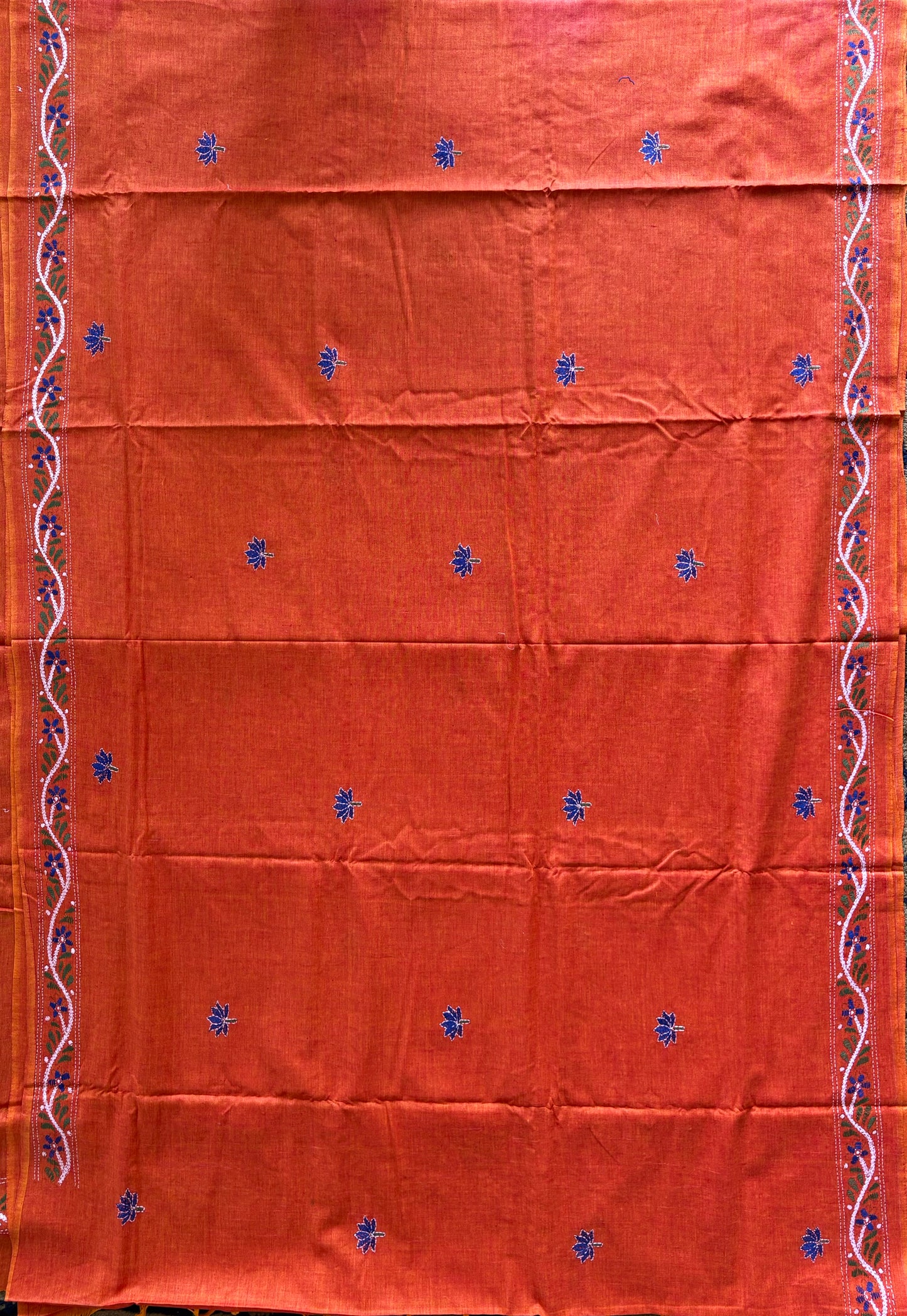 Kantha stitch Khadi Cotton Saree - Saffron