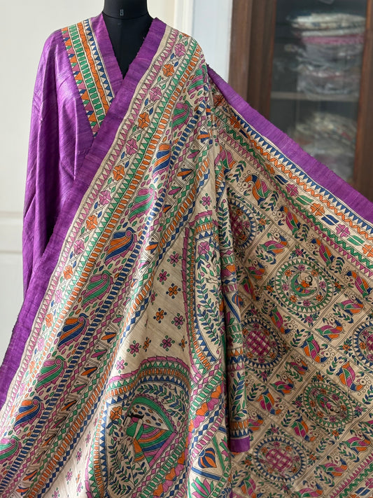 Pure Tussar Ghicha Silk Handcrafted Madhubani Half Saree (Silk Marked)