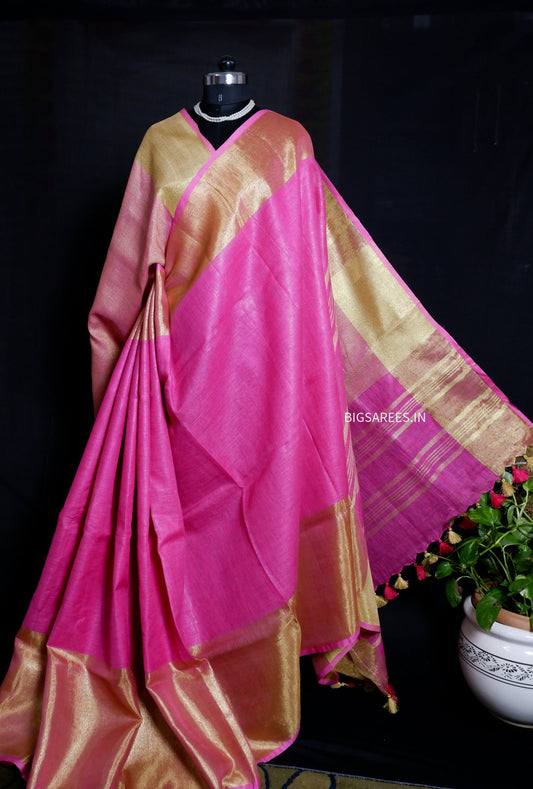 Pink gold pure Linen By Linen Saree With running Blouse