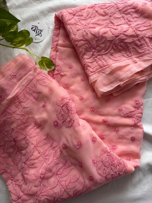 Chikankari Hand Embroidered Saree | Semi Georgette | Peach