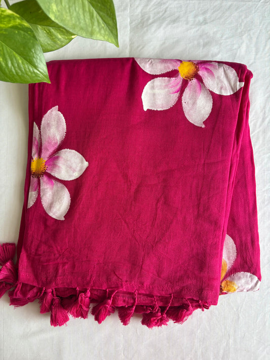 Hand Painted Mul Cotton Saree - Dark Pink