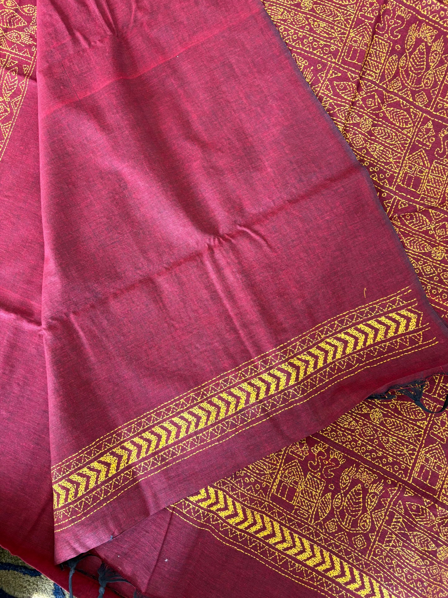 Kantha stitch Khadi Cotton Saree - Maroon