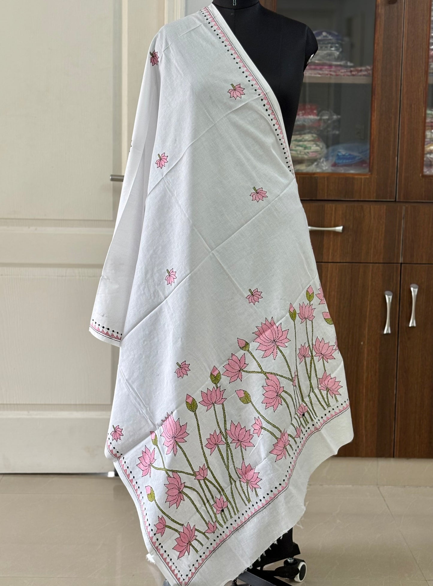 Kantha Hand Embroidary Full Work Pure Cotton Dupatta- white “36”