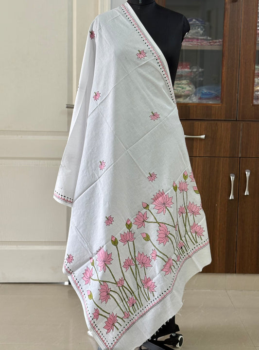 Kantha Hand Embroidary Full Work Pure Cotton Dupatta- white “36”