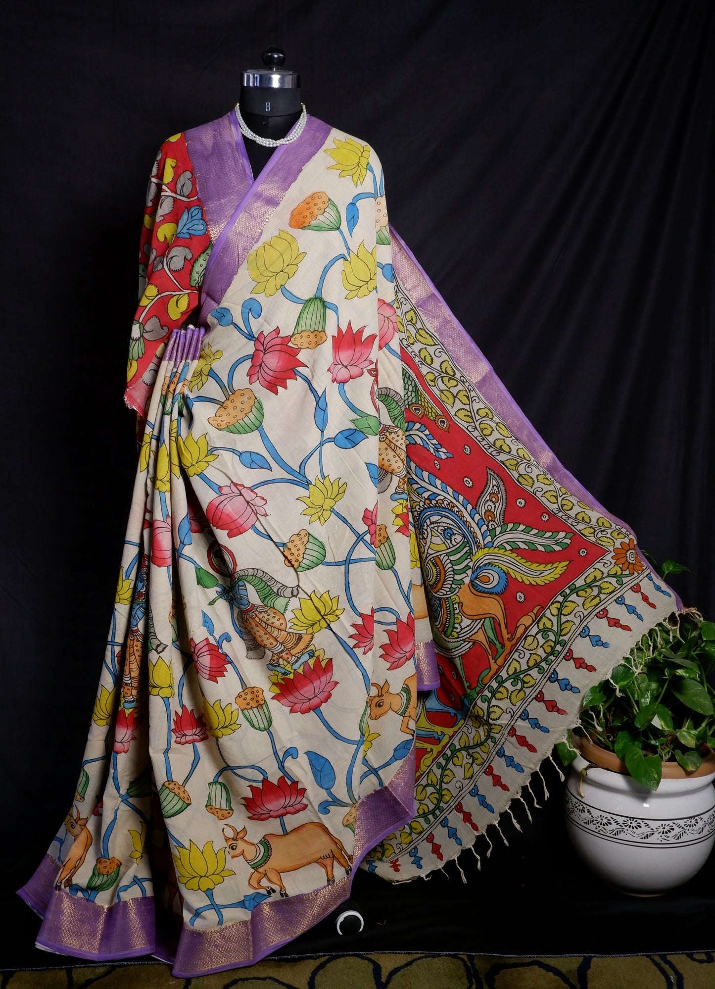 Pen Kalamkari hand painted pure cotton Saree with blouse