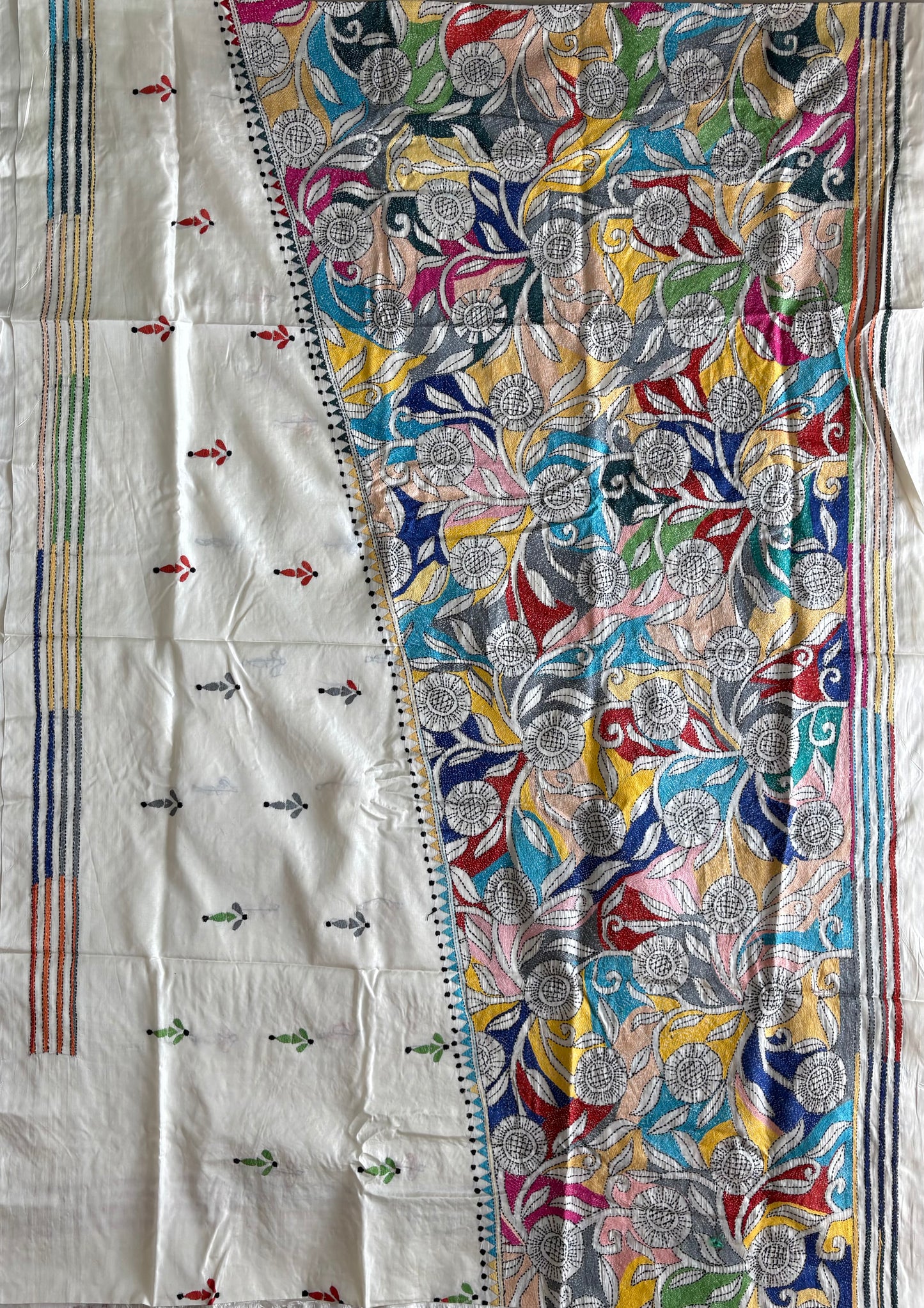 Off white Kantha Stitch Saree on Hand Art Silk