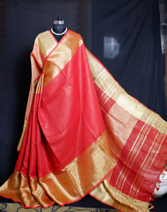 Red golden pure Linen By Linen Saree With running Blouse