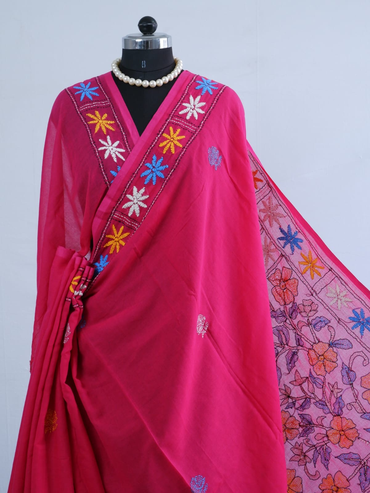 Kantha stitch Hand Embroidered Pure mul Cotton Saree