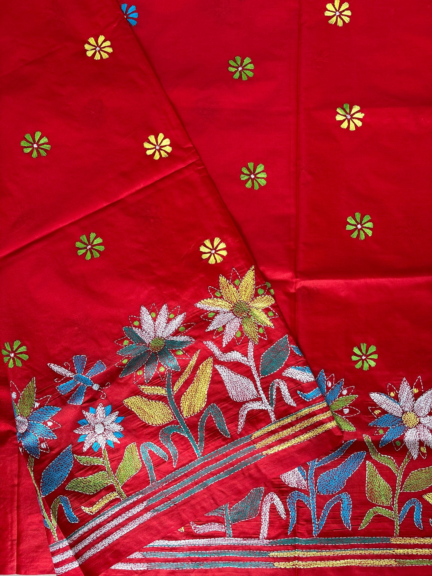 Kantha Hand Embroidered Blended Banglore Silk/Art Silk Saree With Blouse