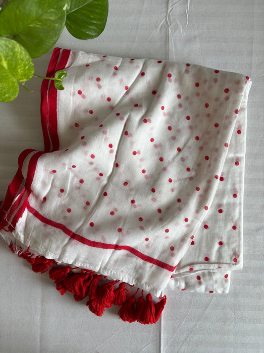 Mul Cotton polka dots Saree - White