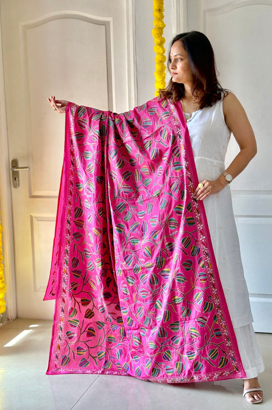 Kantha Hand Embroidary Full Work Blended Banglore Silk Dupatta 44″ (Pink)