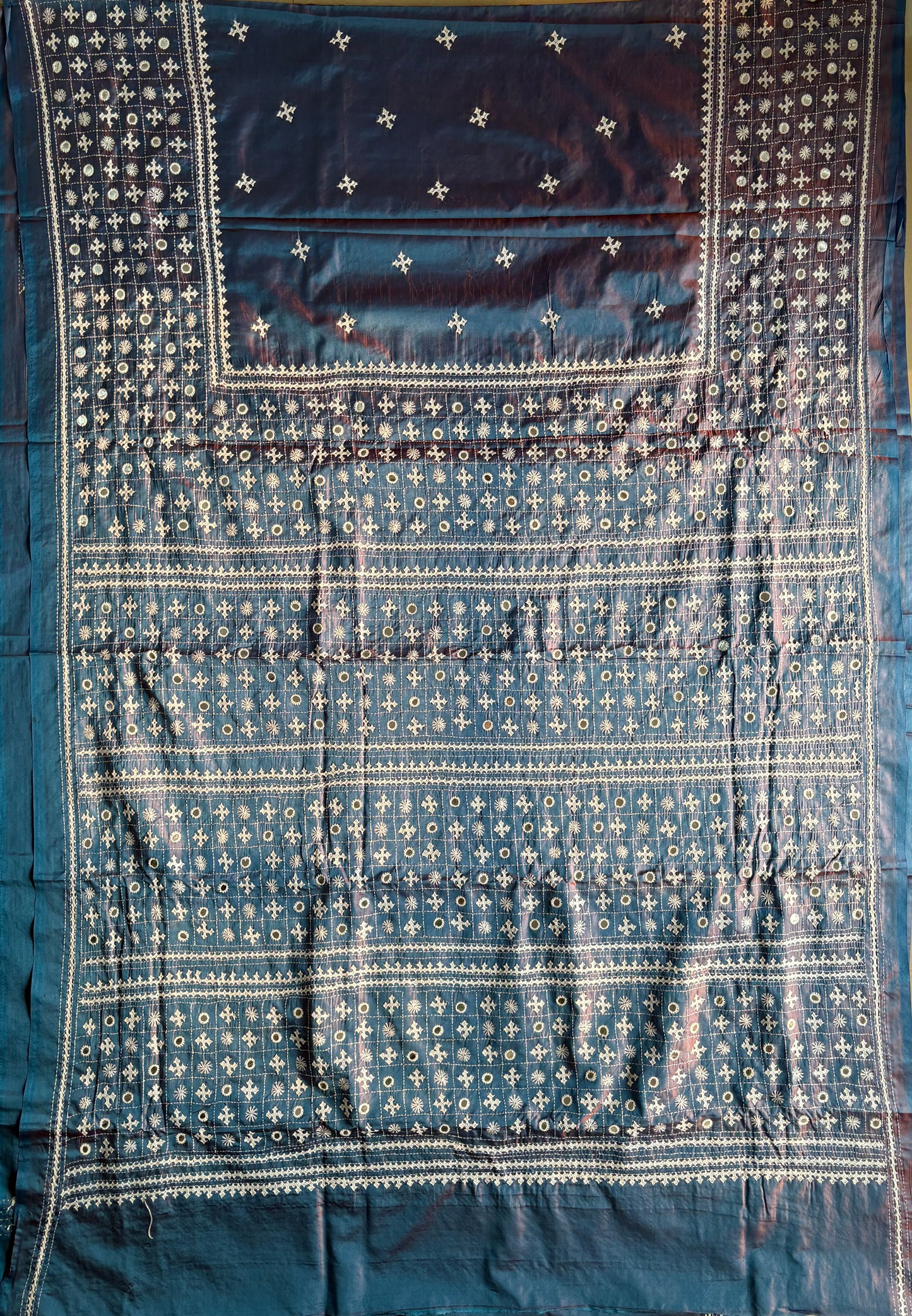 Gujrati Stitch/Kutch Hand Embroidered Art Silk Saree