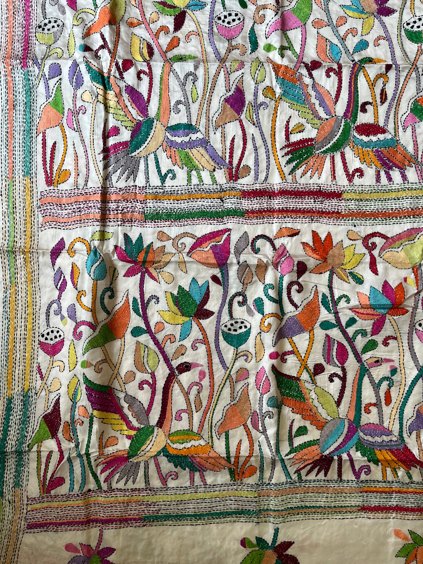 Kantha Hand Work Embroidered Art Silk Saree With Blouse