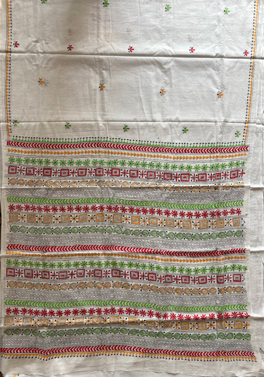 Kantha Hand Embroidered Pure Cotton Saree - white