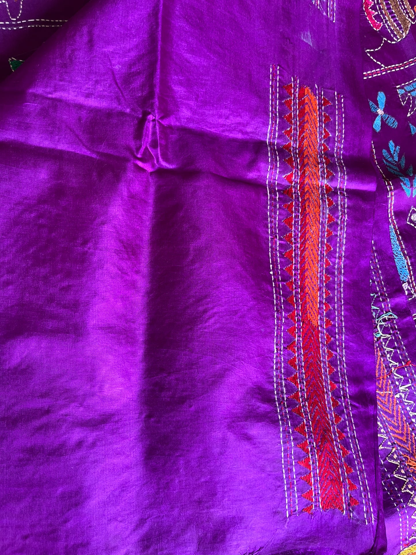 Purple Kantha Hand Embroidary Pure Banglore Silk Saree