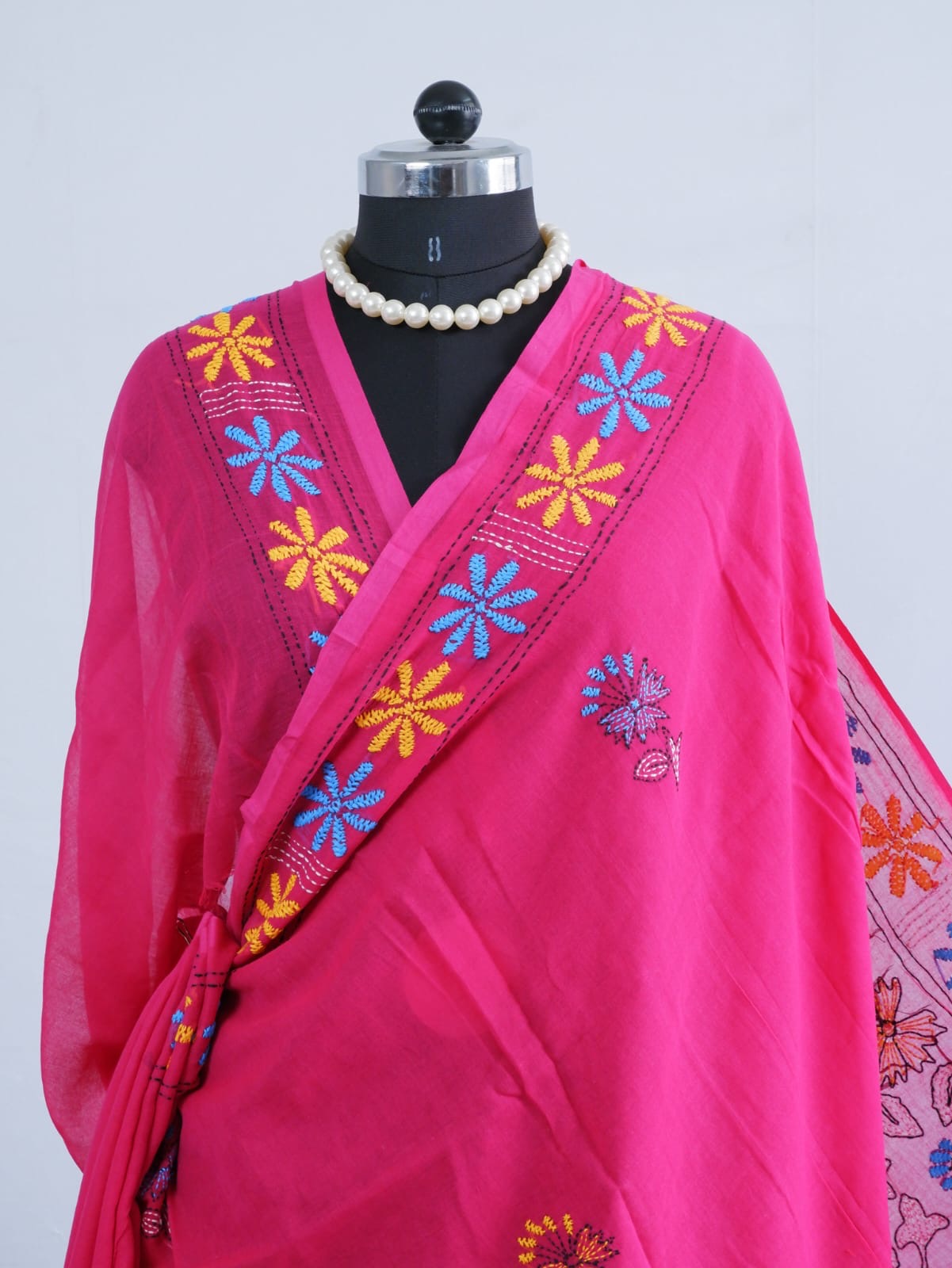 Kantha stitch Hand Embroidered Pure mul Cotton Saree