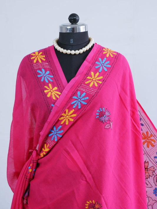 Kantha stitch Hand Embroidered Pure mul Cotton Saree