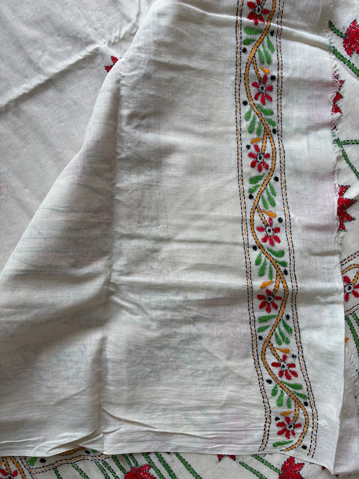 Kantha stitch Khadi Cotton Saree - off white