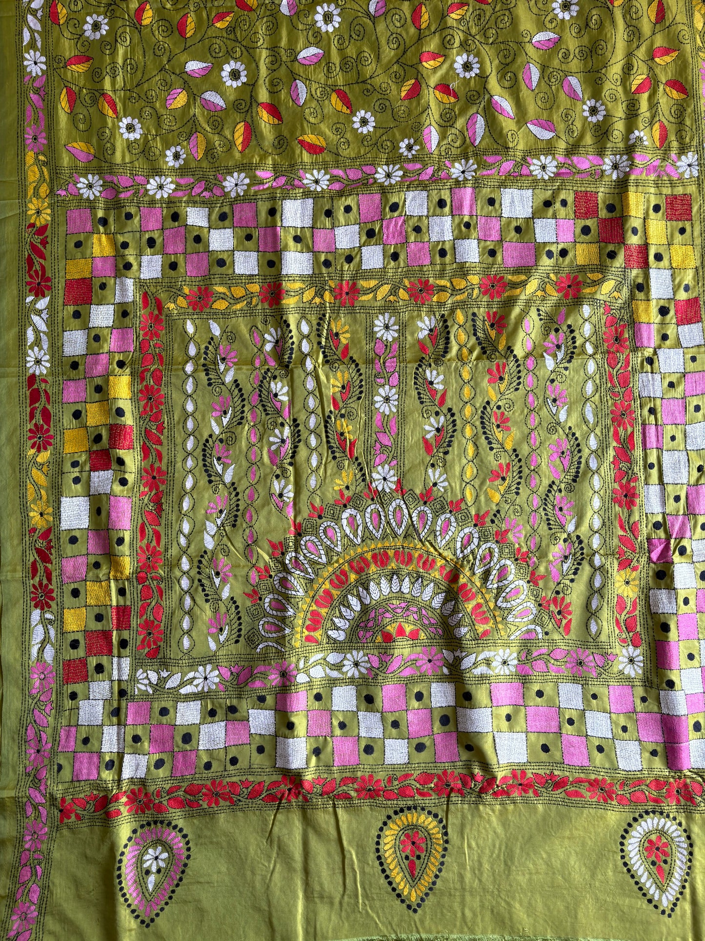 Black Kantha Hand Embroidered Blended Banglore Silk/Art Silk Saree With Blouse