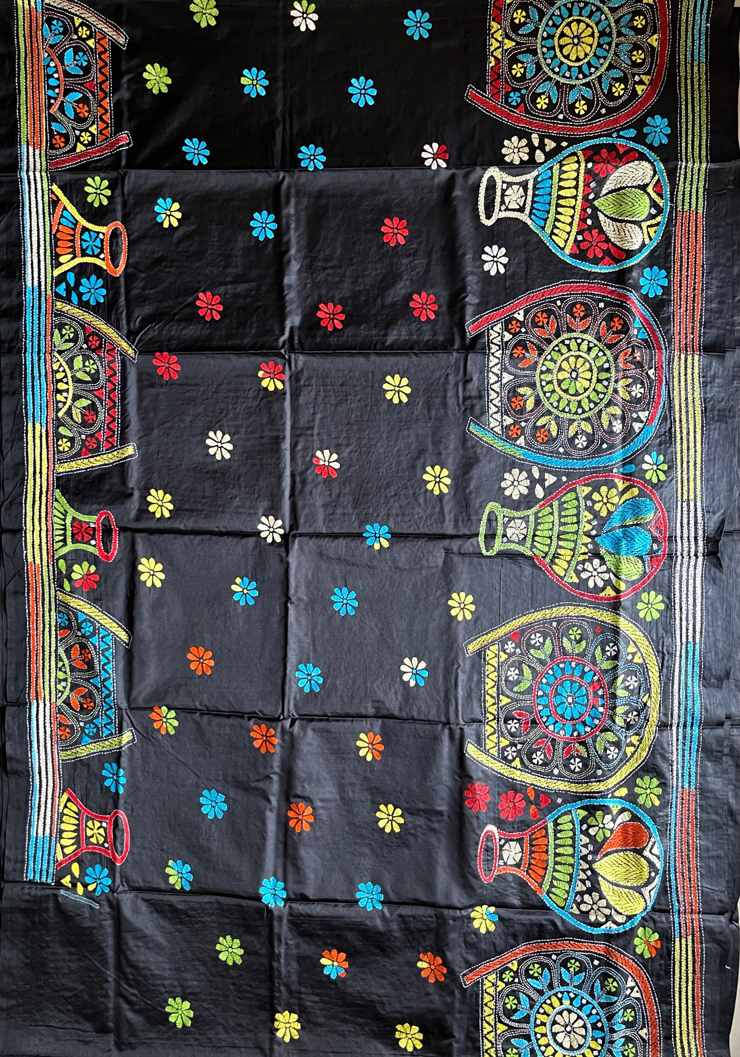 Black Kantha Hand Work Embroidered Art Silk Saree With Blouse