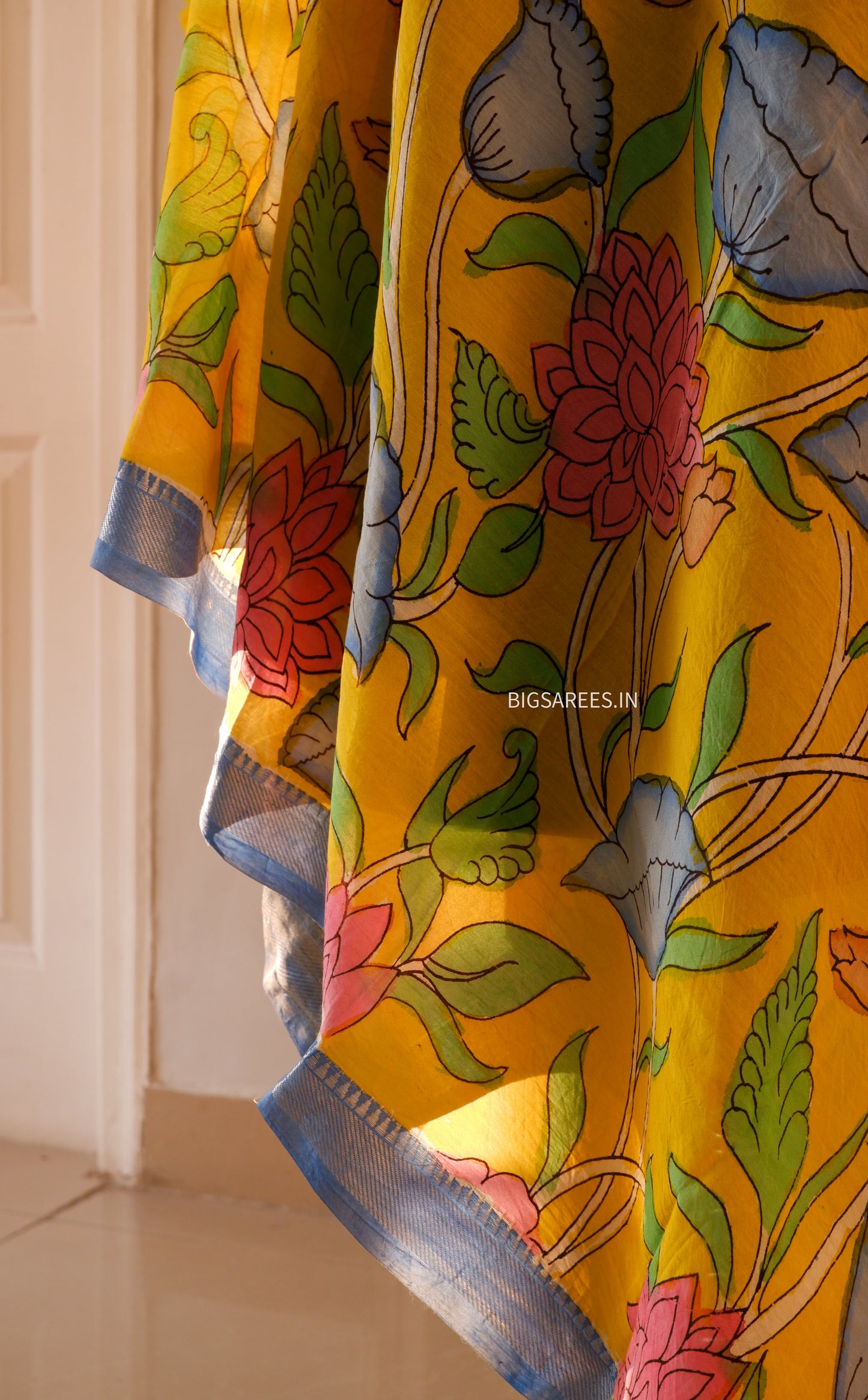 Pen Kalamkari Hand Painted Bangalore Silk Dupatta/Yellow/36"