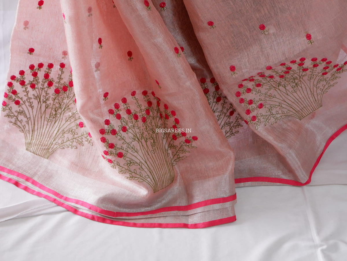 Tissue Linen Blend machine embroidered Saree | Light Pink