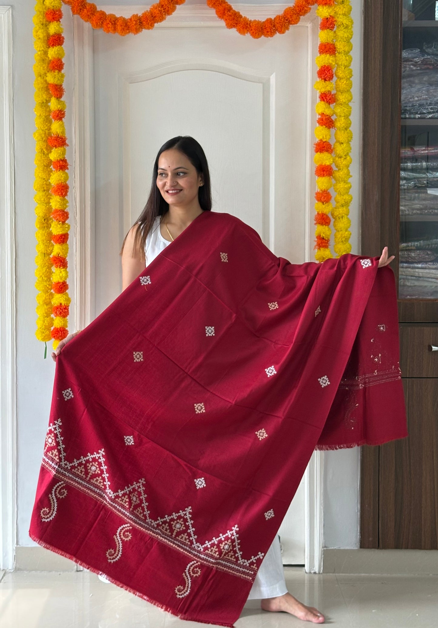 Gujrati Stitch Hand Embroidered Woollen Warm Shawl