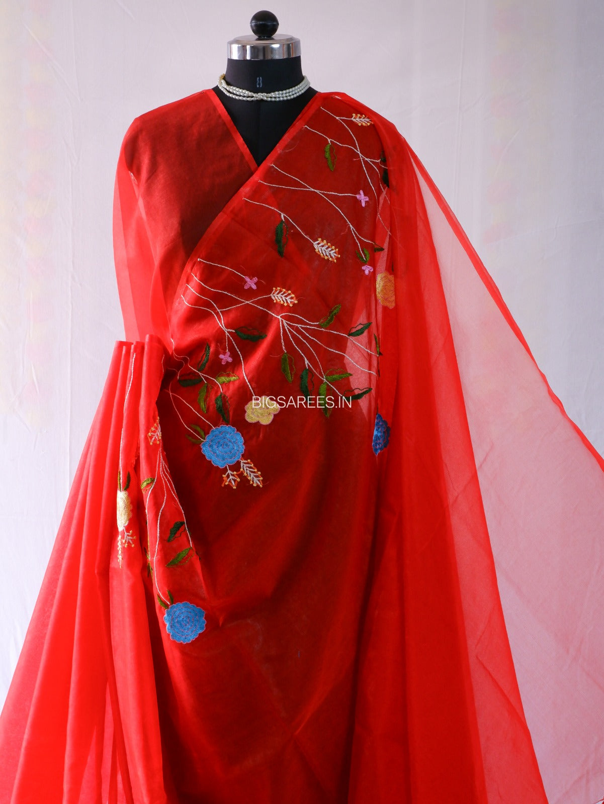 Designer Embroidered Semi Organza Silk Saree | Red