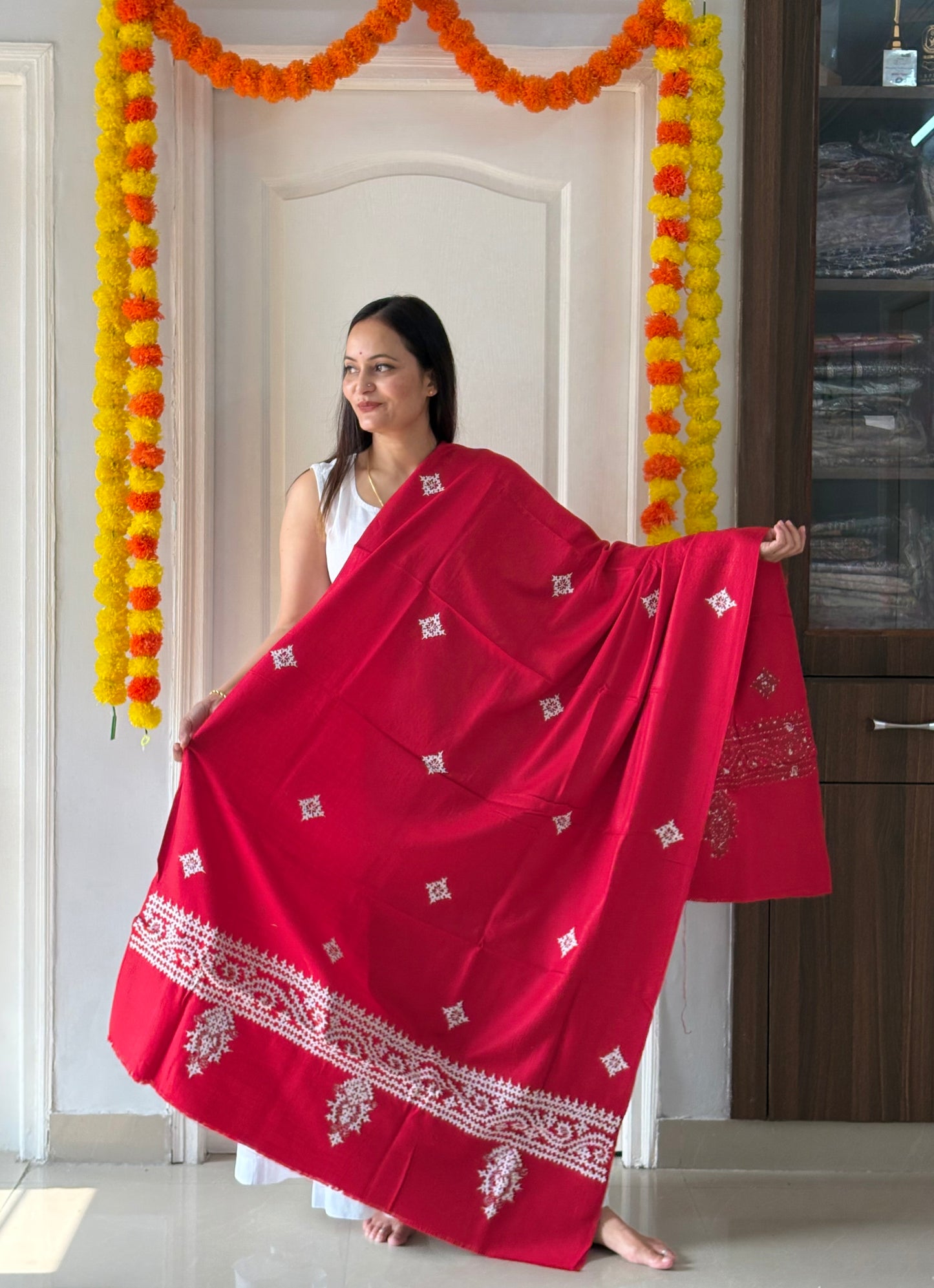 Gujrati Stitch Hand Embroidered Woollen Warm Shawl