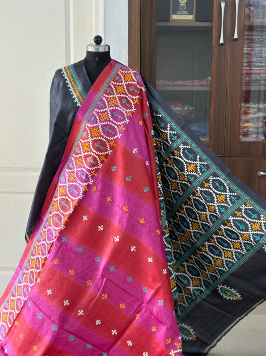 Kutch work/Gujrati stitch Hand Embroidered Pure Tassar Silk Saree