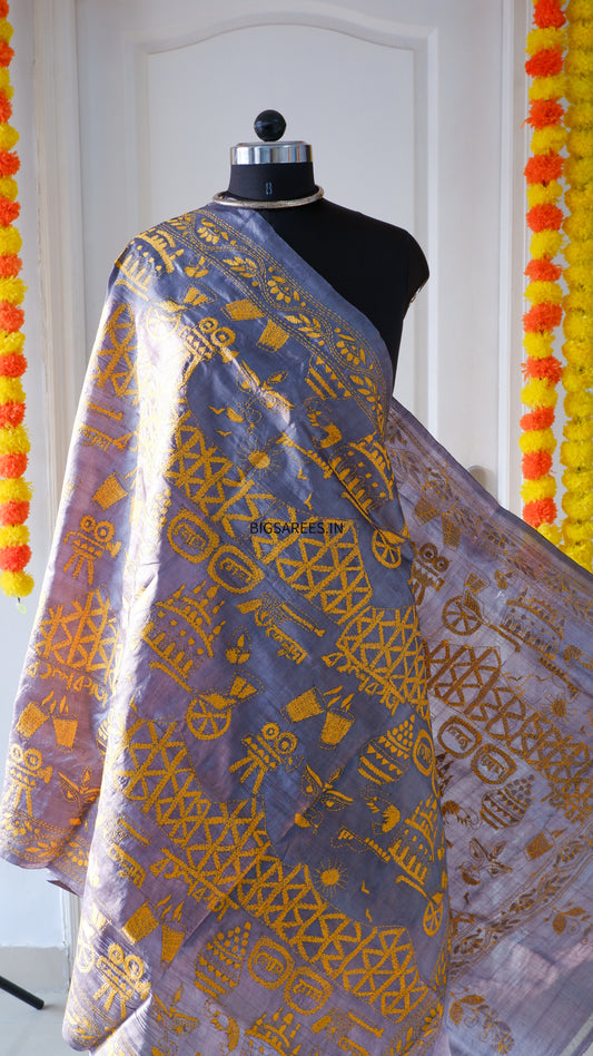 Kantha Hand Embroidary Full Work Pure Tassar Silk Dupatta36”