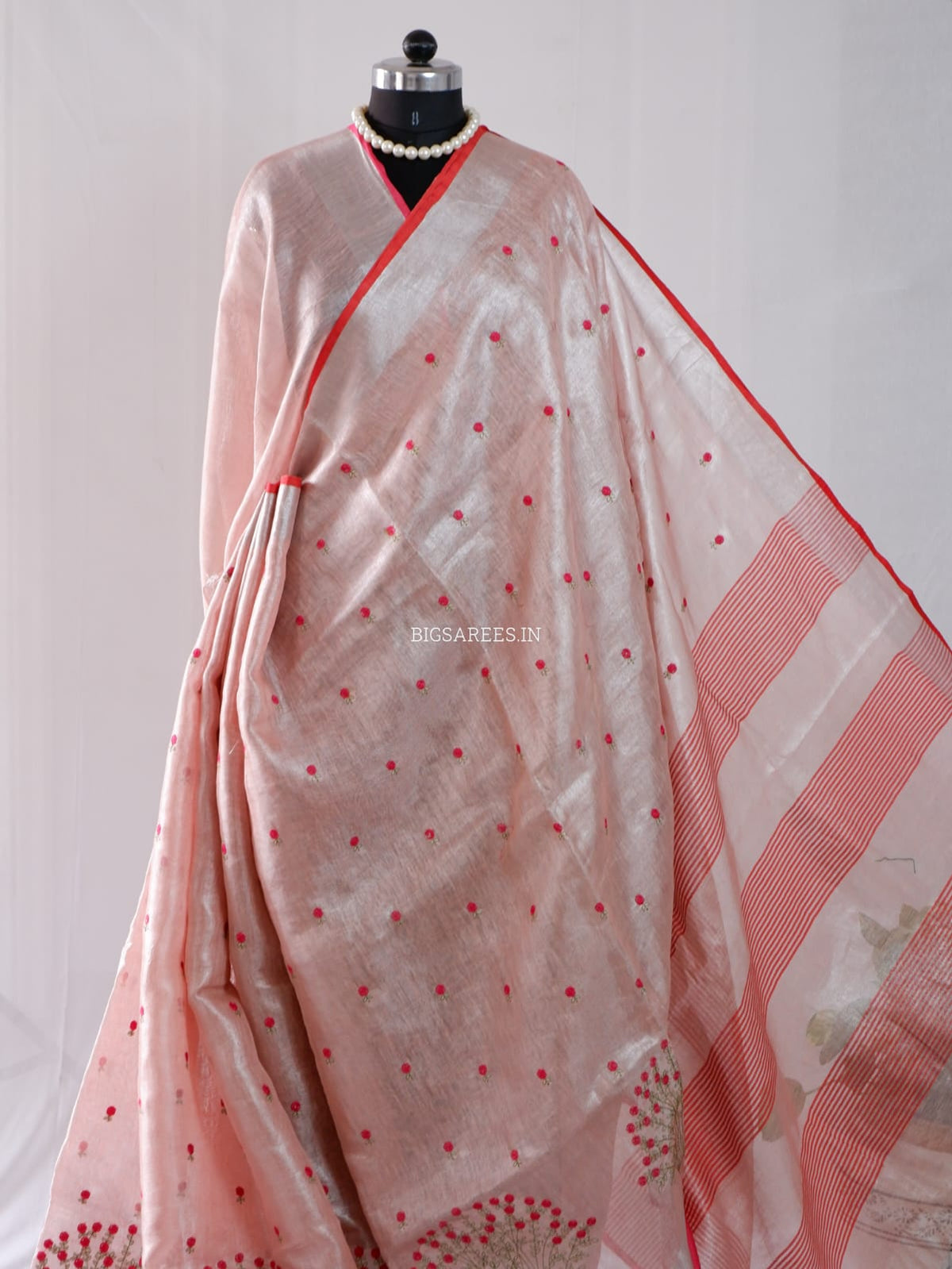 Tissue Linen Blend machine embroidered Saree | Light Pink