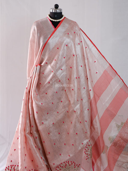 Tissue Linen Blend machine embroidered Saree | Light Pink