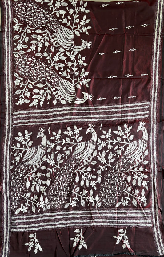 Kantha Hand Work Embroidered Art Silk Saree With Blouse