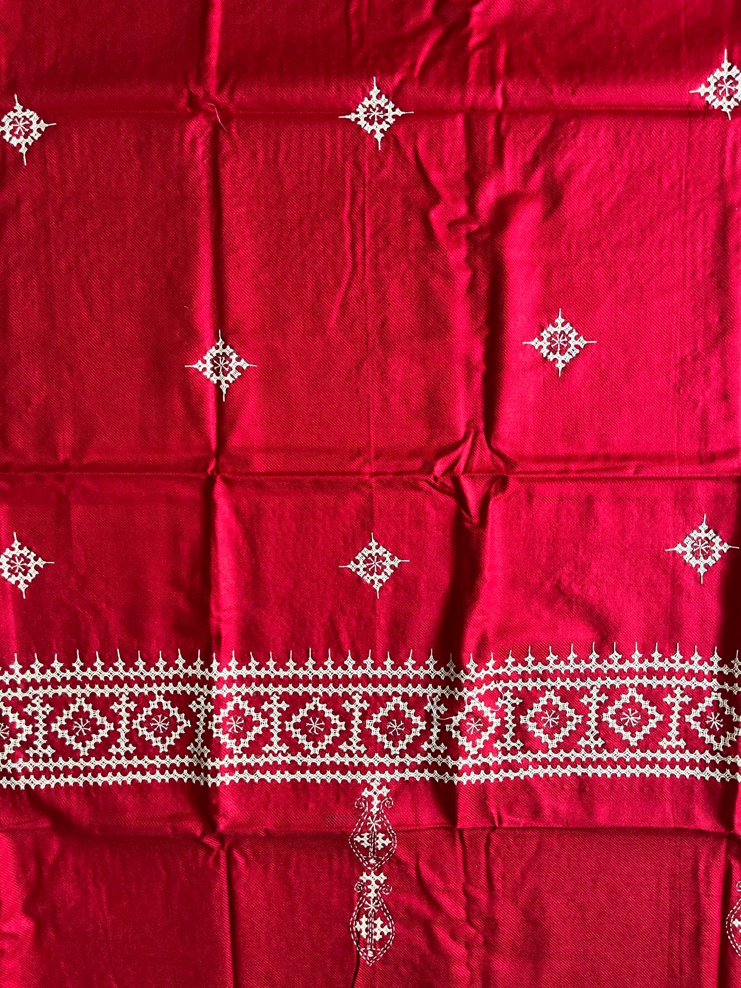 Gujrati Stitch Hand Embroidered Woollen Warm Shawl (Red)