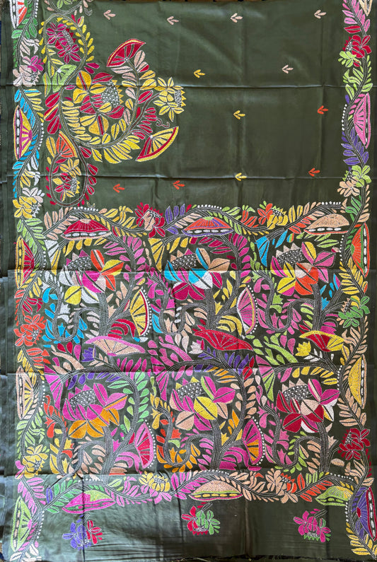 Kantha - Stitch Hand Embroidered Saree | Blended Bangalore Silk / Art Silk | Green