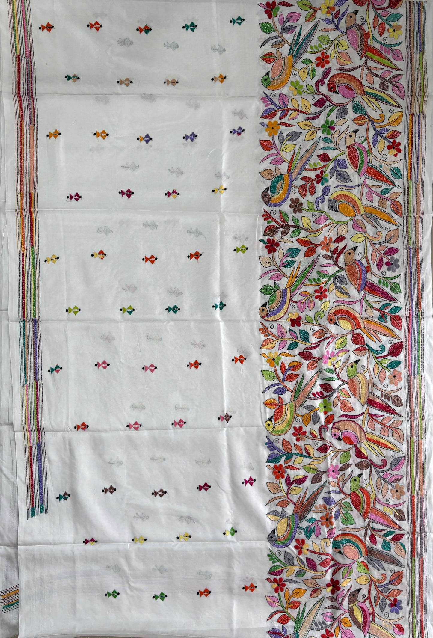 Off white Kantha Stitch Hand Work Art Silk Saree With Blouse