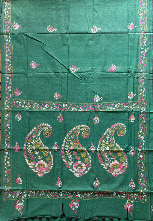 Kantha stitch Khadi Cotton Saree - Green