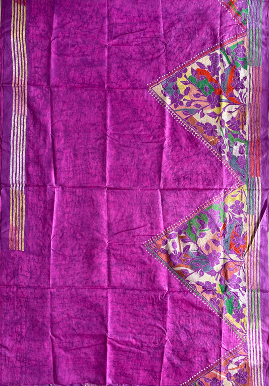 Reverse Kantha Hand Embroidered Blended Banglore Silk/Art Silk Saree With Blouse