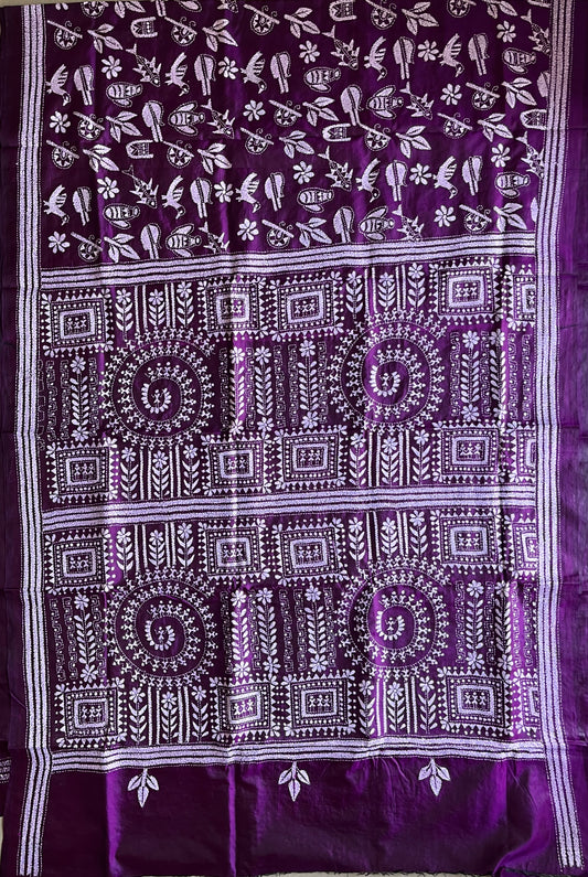 Purple Kantha Stitch Hand Embroidered Pure Banglore Silk Saree