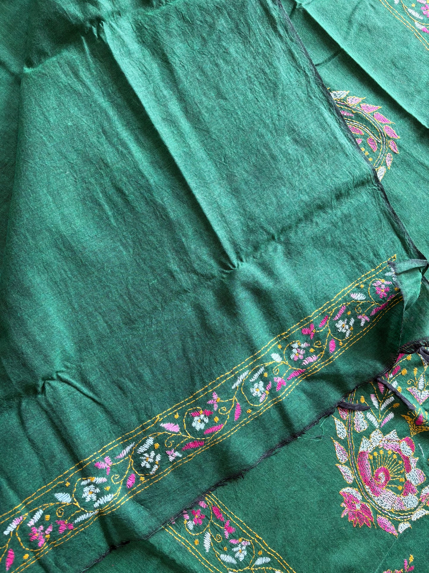 Kantha stitch Khadi Cotton Saree - Green