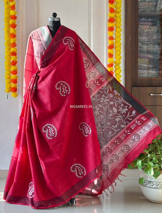 Red Kantha Hand Embroidered Pure Cotton Saree