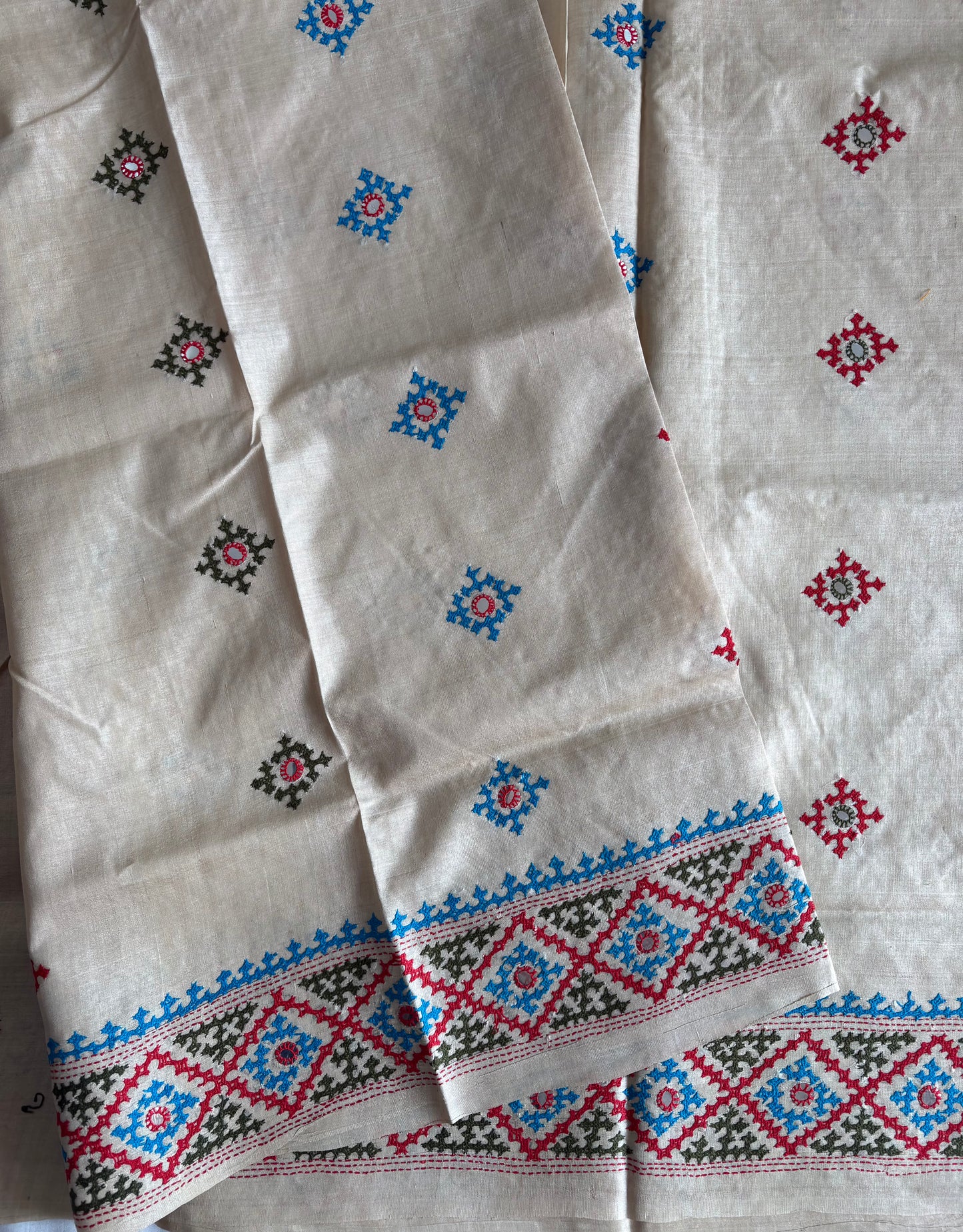 Kutchi Hand Embroidered Saree | Pure Gachi by Gachi Tassar Silk | Silk Marked | Off- White