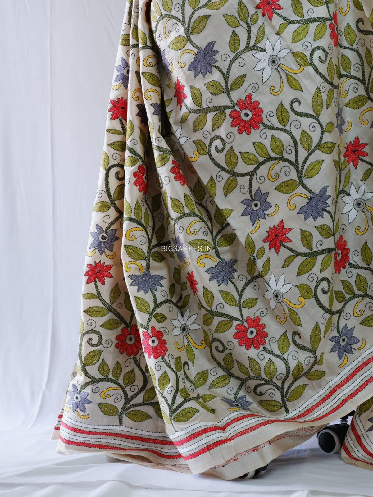 Kantha - Stitch Hand Embroidered Saree | Pure Gachi by Gachi Tussar Silk | Silk Mark Certified | Light Beige