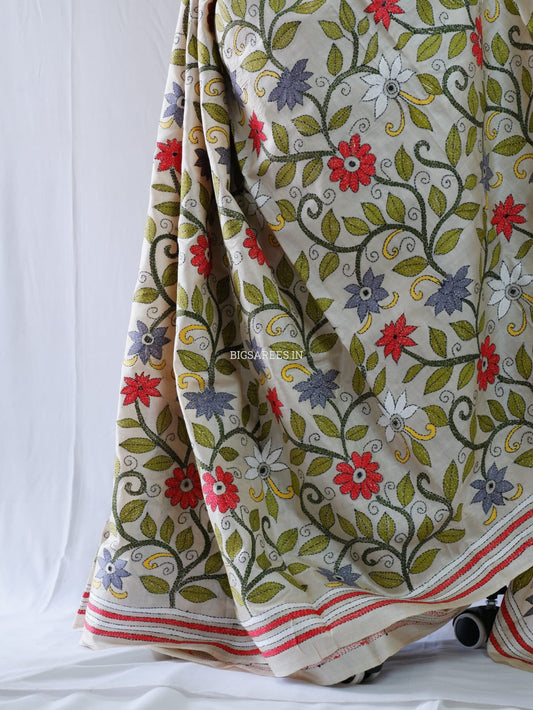 Kantha - Stitch Hand Embroidered Saree | Pure Gachi by Gachi Tussar Silk | Silk Mark Certified | Light Beige