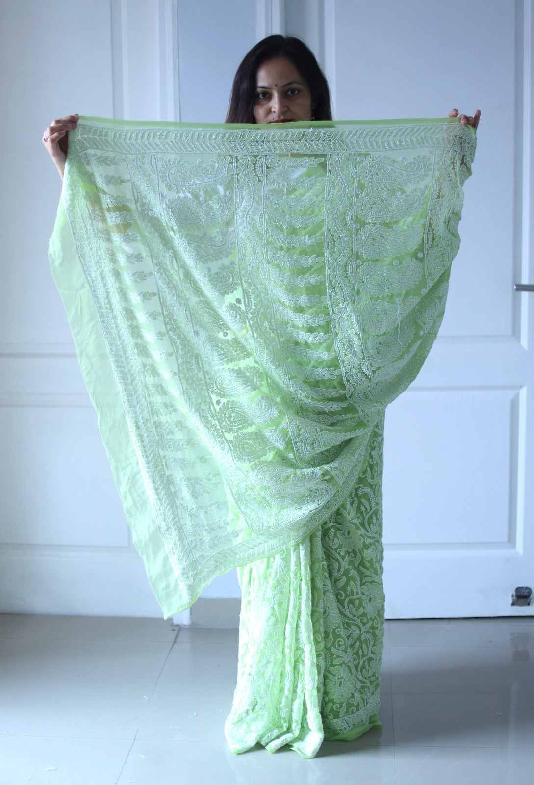 Light Green Georgette Chikankari Work Hand Embroidered Saree