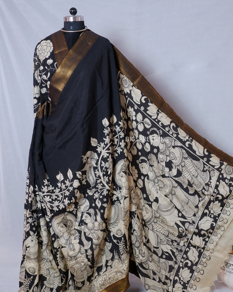 Hand-Painted Pen Kalamkari Saree in Pure Mangalgiri Silk