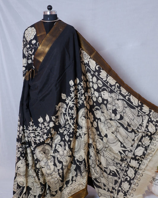 Hand-Painted Pen Kalamkari Saree in Pure Mangalgiri Silk