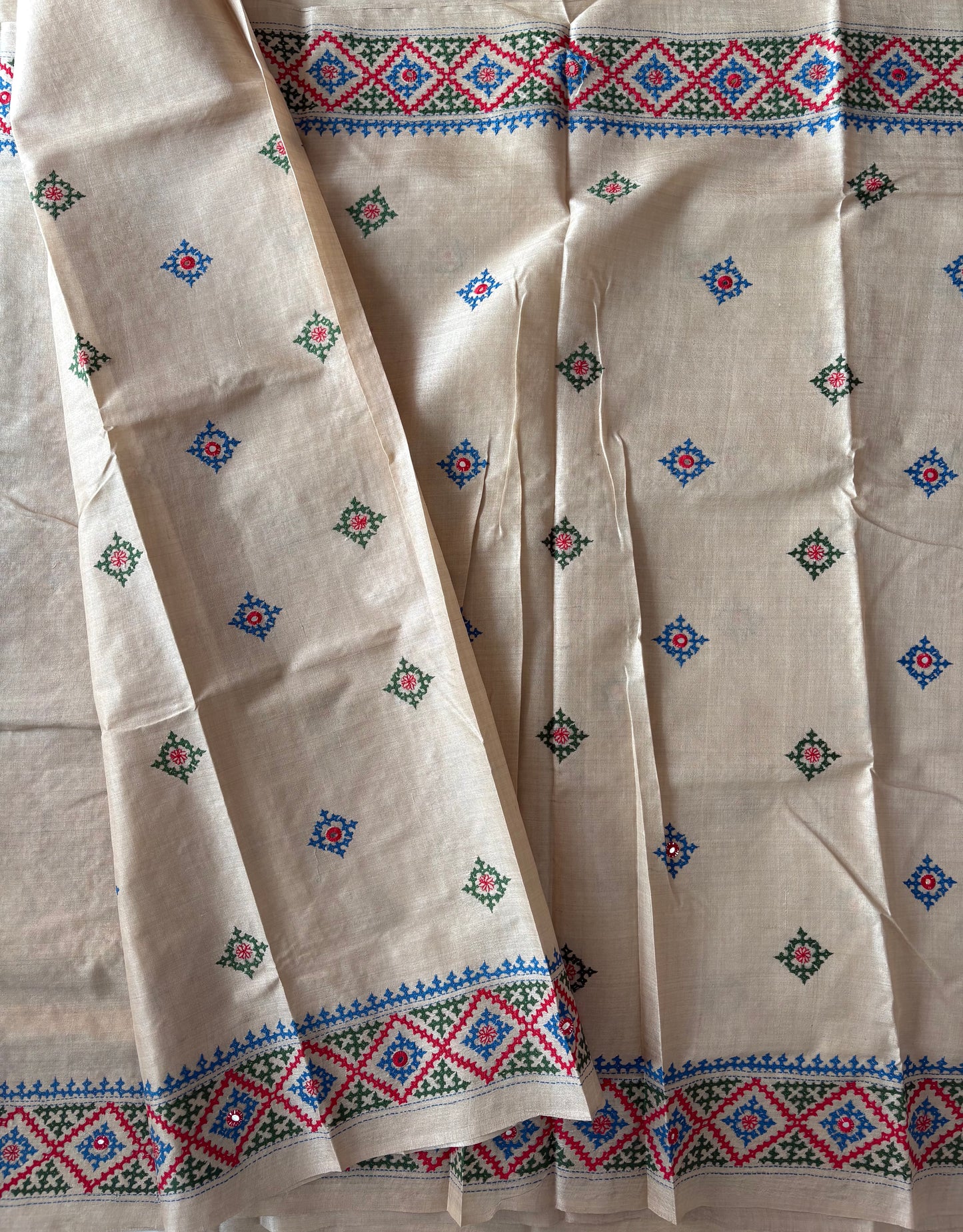 Kutchi Hand Embroidered Saree | Pure Gachi by Gachi Tassar Silk | Silk Marked | Off-White