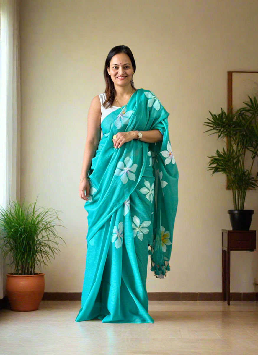 Hand Painted Mul Cotton Saree - Sea Green